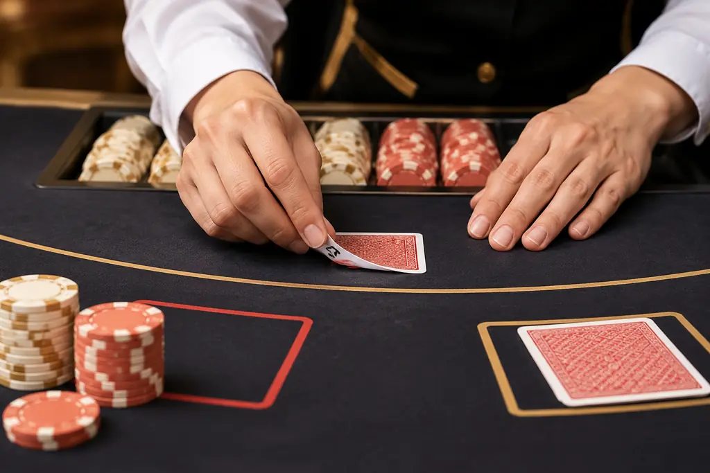 Tangan dealer membuka sisi kartu di meja bakarat