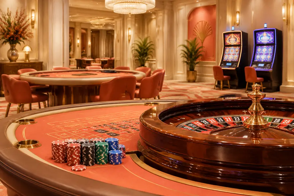 Ruang kasino dengan meja kartu, roulette, dan mesin video