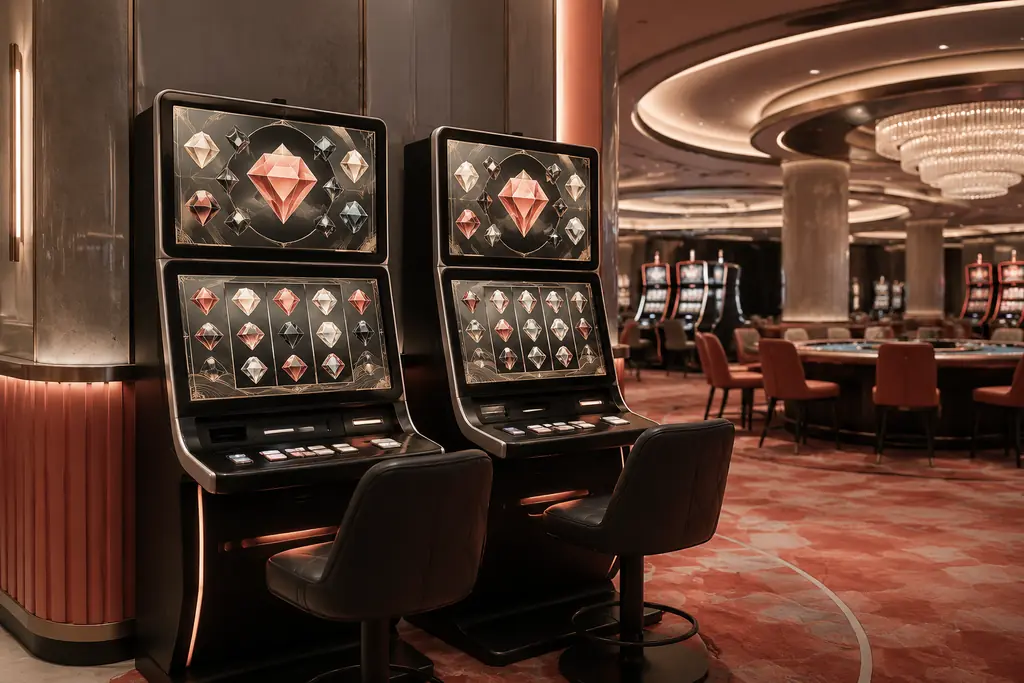 Kabinet slot dengan simbol permata di ruang kasino