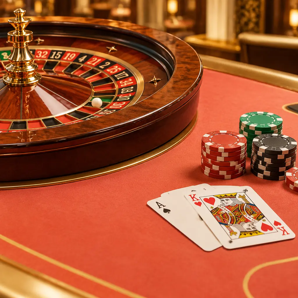 Roda roulette berdampingan dengan kartu blackjack